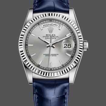 Rolex Day Date 36 White Gold Silver Dial 118139 0097 Blue Leather Strap (w22052991)
