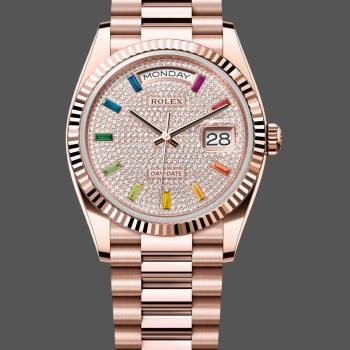 Rolex Day Date 36 Diamond Paved Dial Fluted Bezel 18K Everose gold 128235 0039 President Watch (w22052994)