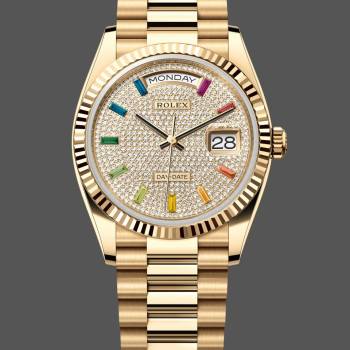 Rolex Day Date 36mm Yellow Gold 128238 0051 Pave Rainbow Diamond Dial Fluted Bezel (w22052996)