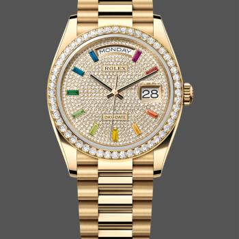 Rolex Day Date 36mm Yellow Gold 128348RBR 0030 Pave Rainbow Diamonds Sapphires Dial (w22052997)