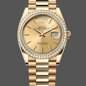 Rolex Day Date 36 Yellow Gold Champagne Dial Diamond Bezel m128348rbr 0026 (w22057520)