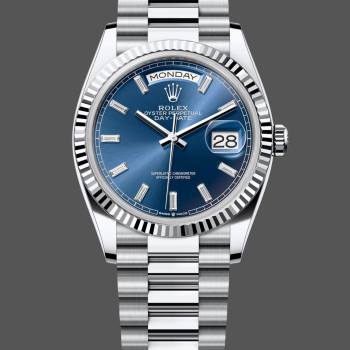 Rolex Day Date 36 36mm Bright Blue Diamond-Set Dial Fluted Bezel Presi m128236 0023 (w22058522)