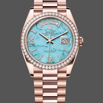 Rolex Day-Date 36 Rose Gold Turquoise Diamond-Set Roman Dial Diamond Bezel m128345rbr 0064 (w22063898)