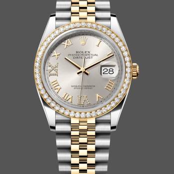 Rolex Datejust 36 Yellow Gold & Diamonds Silver Diamond Pave Roman Dial m126283rbr 0017 (w22066745)