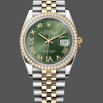 Rolex Datejust 36 Yellow Gold & Diamonds Olive Green Diamond Pave Roman Dial m126283rbr 0011 (w22066781)