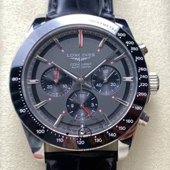 Longines L3.836.4.52.9 Conquest 42MM Gray Dial Leather Strap Chronograph (w26687149)