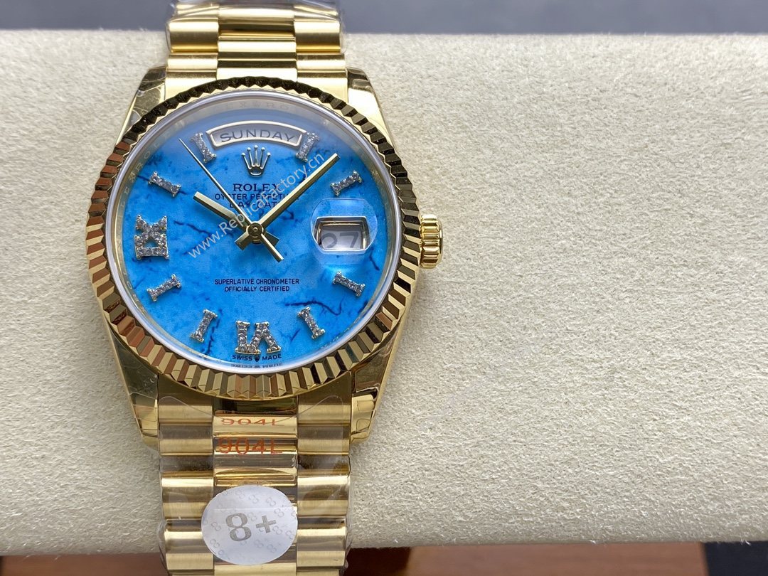 Rolex Day-Date 128238 Fluted Bezel Turquoise Diamond Dial 36MM Unisex Watch - Image 3