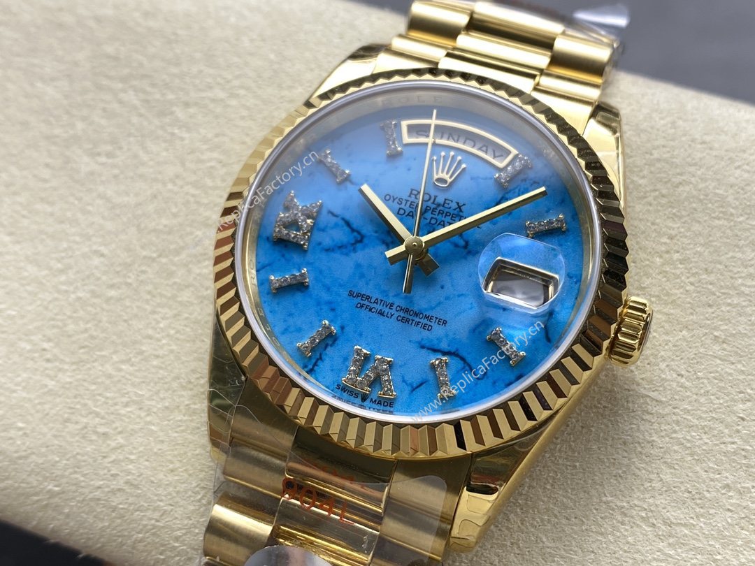 Rolex Day-Date 128238 Fluted Bezel Turquoise Diamond Dial 36MM Unisex Watch - Image 5