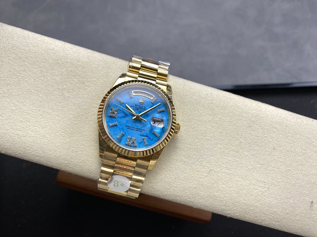 Rolex Day-Date 128238 Fluted Bezel Turquoise Diamond Dial 36MM Unisex Watch - Image 6