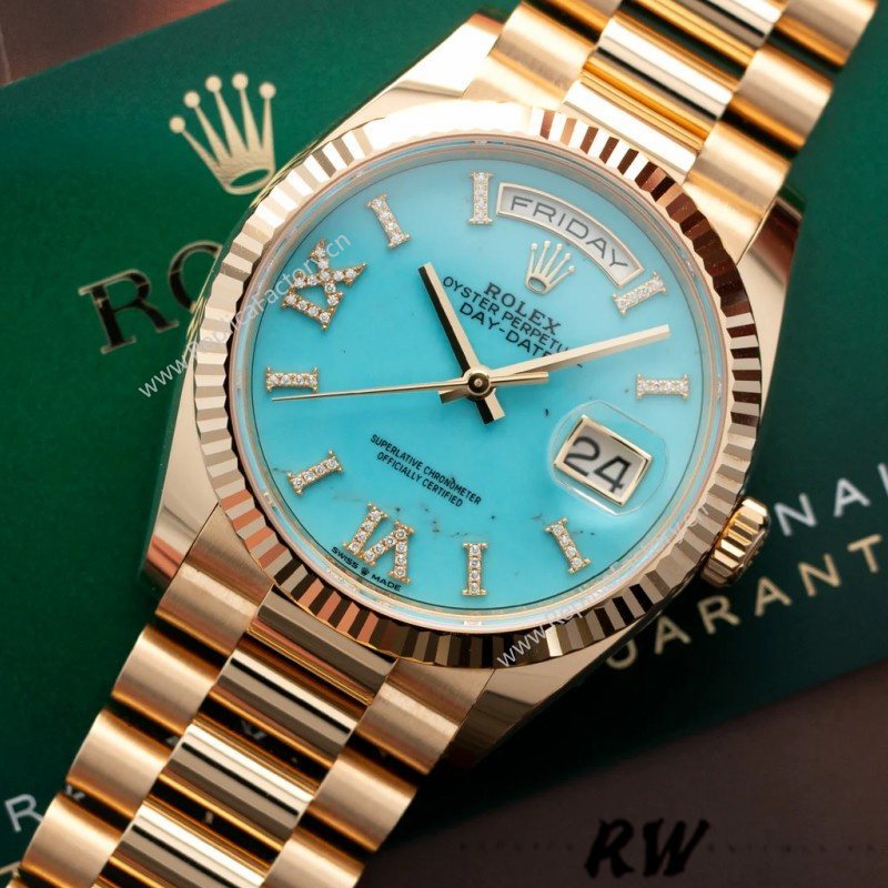 Rolex Day-Date 128238 Fluted Bezel Turquoise Diamond Dial 36MM Unisex Watch - Image 12