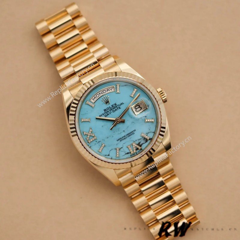 Rolex Day-Date 128238 Fluted Bezel Turquoise Diamond Dial 36MM Unisex Watch - Image 13