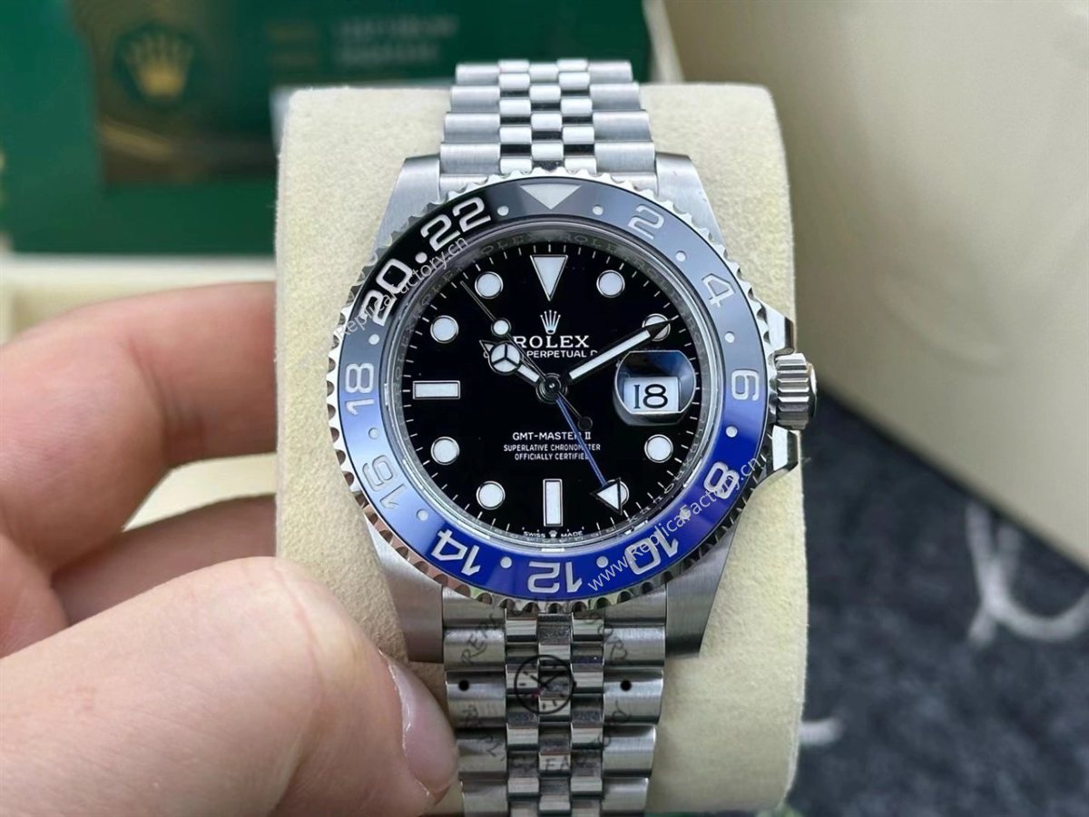 Front view of pre-owned Rolex GMT-Master II 126710BLNR-0002 after one year of wear, showing blue-black ceramic bezel and black dial.